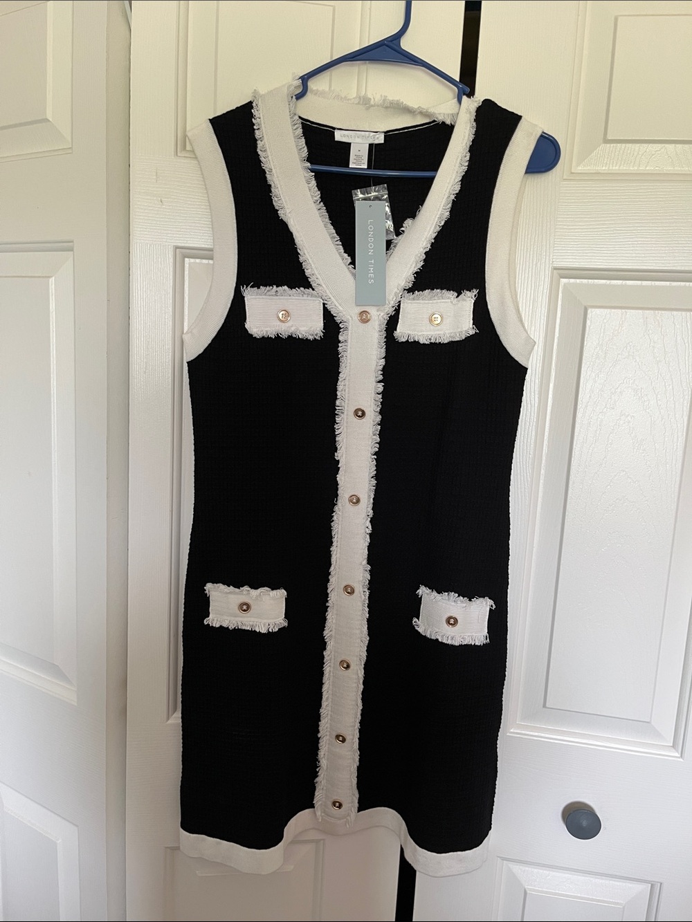 London Times Black Dress with White Fringed Trim